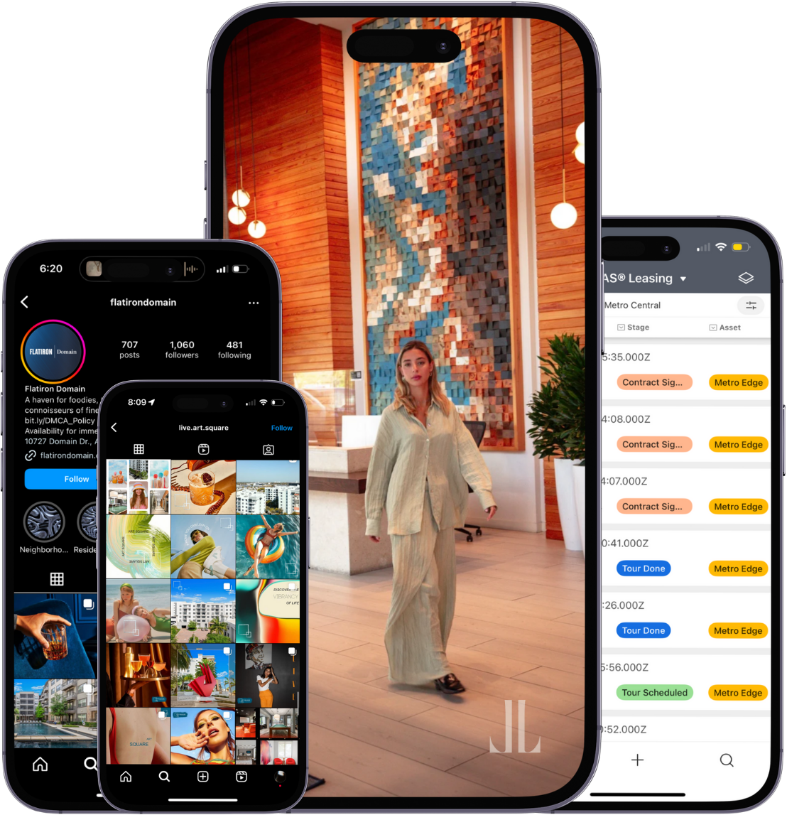 THOMAS social media, ads and leasing dashboard on three phones